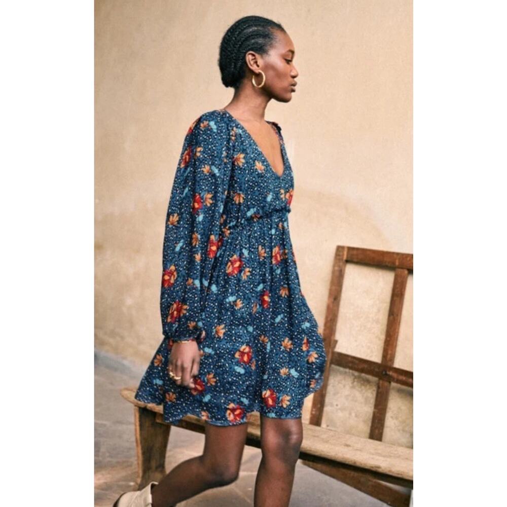 Sezane Evy Mini Dress Blue Floral Viscose Long Sleeve Boho Size US 4